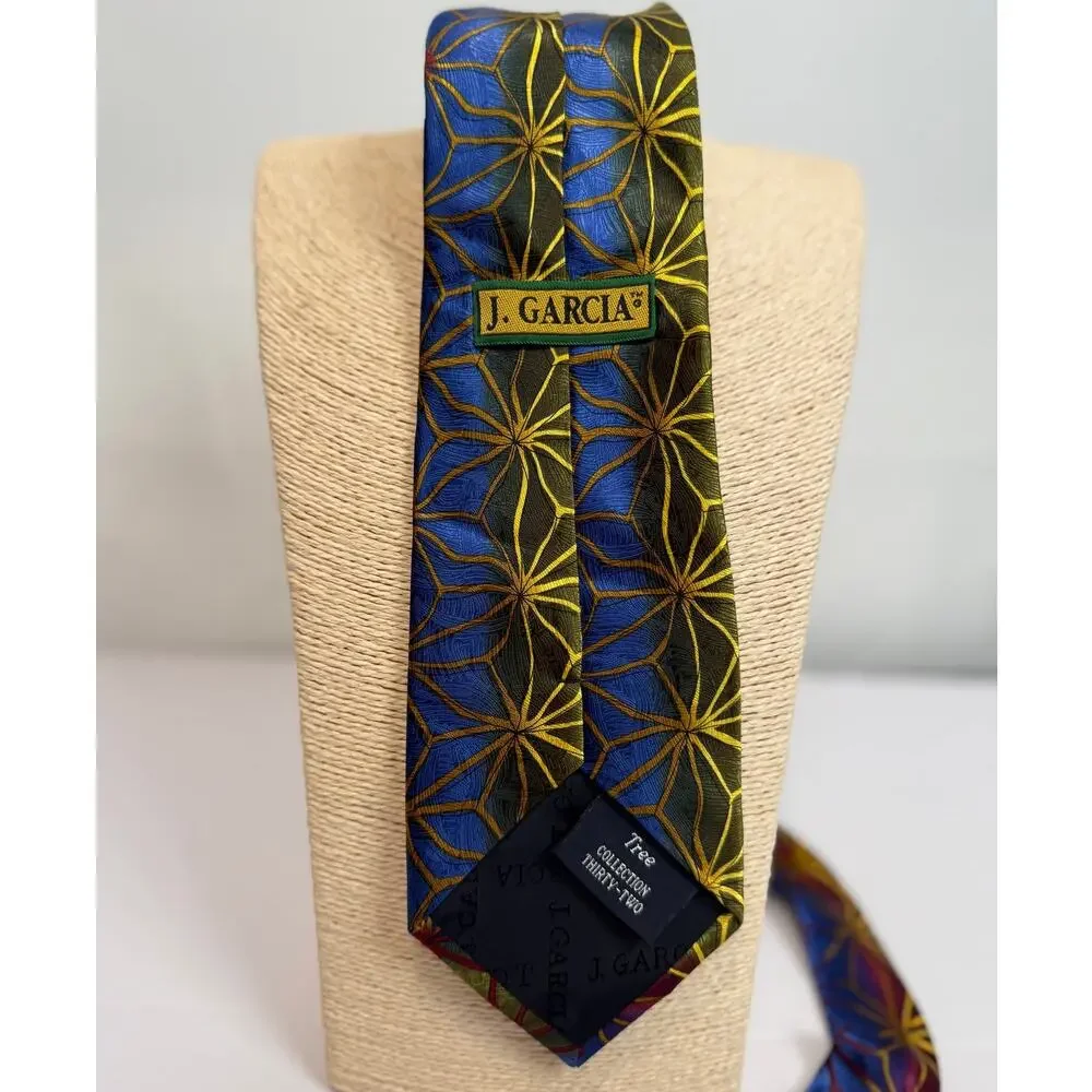 J Garcia Tree Collection 32 Silk Tie Blue Gold Olive Starburst